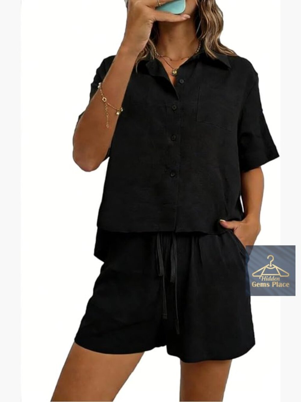Women's 2 Piece Short Set Button Down Shirt and Shorts Summer Casual
